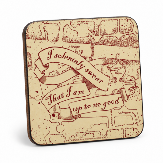 Official Harry Potter Marauder’s Map I Solemnly Swear cream-and-burgundy coaster on a pure white background