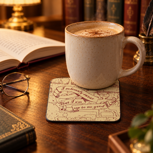 Harry Potter I Solemnly Swear coaster beneath a warm mug on a dark-wood home-library desk