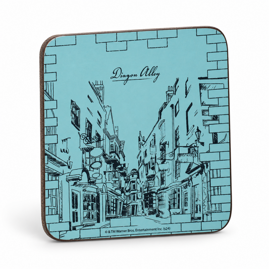 Official Harry Potter Diagon Alley pale-blue illustrated coaster on a pure white background