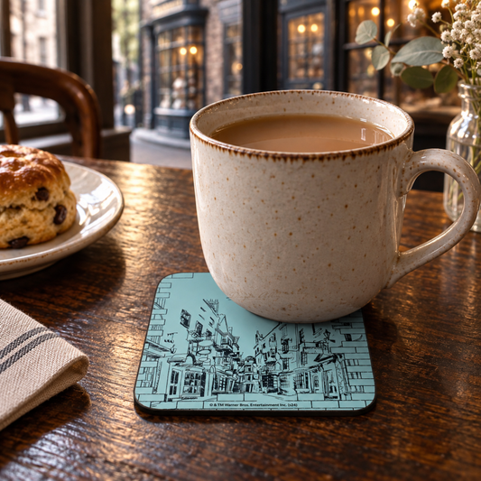 Pale-blue Harry Potter Diagon Alley coaster beneath a tea mug on a dark-wood café table