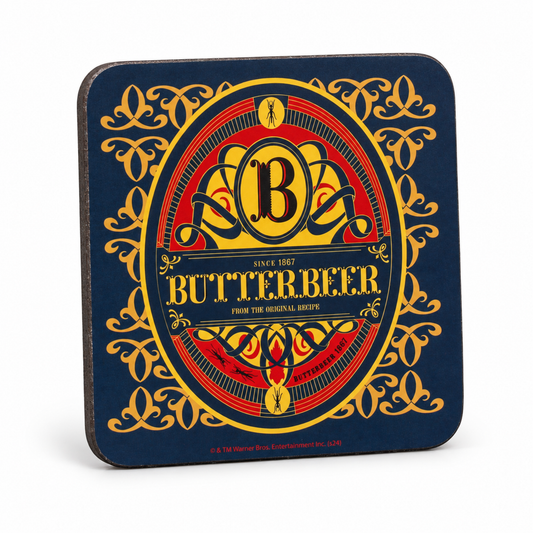 Official Harry Potter Butterbeer navy, gold and red square coaster on a pure white background