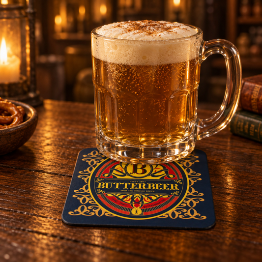 Navy, gold and red Harry Potter Butterbeer coaster beneath a glass mug on a tavern-style table