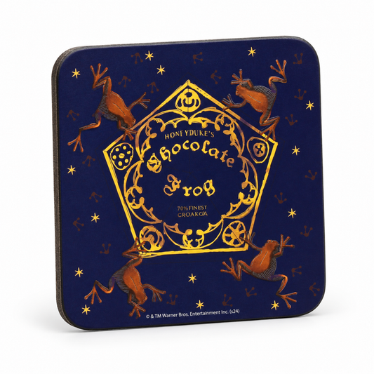 Official Harry Potter Honeydukes Chocolate Frogs navy-and-gold coaster on a pure white background