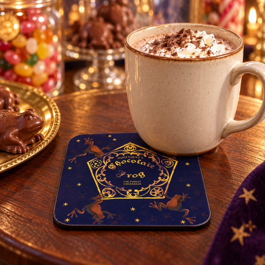 Harry Potter Chocolate Frogs coaster beneath a warm mug in a confectionery-inspired café