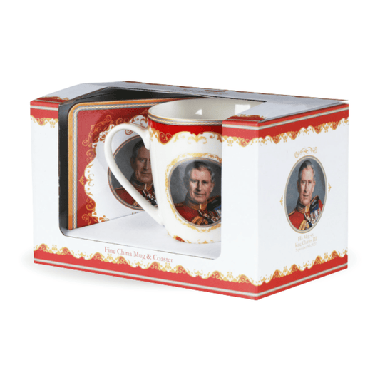 HM King Charles III Commemorative Mug and Coaster - Red & Gold Regal King Design - Boxed