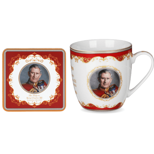 HM King Charles III Commemorative Mug and Coaster - Red & Gold Regal King Design - Boxed