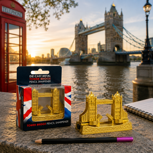 Gold-coloured Tower Bridge pencil sharpener displayed outdoors in a bright London setting