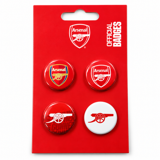 A set of four Arsenal football club badges on a red backing card. The set includes two round red badges with the Arsenal crest, one round red badge with the cannon logo and 'GUNNERS' text, and one oval white badge with a red cannon logo.