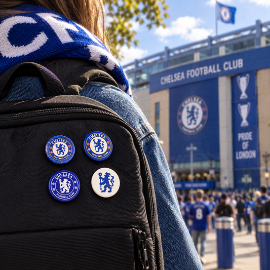 A person wearing a blue and white Chelsea Football Club scarf and a denim jacket, carrying a black backpack with four Chelsea FC crest pins on the front. The background shows the Chelsea Football Club stadium building and a crowd of fans in the distance.