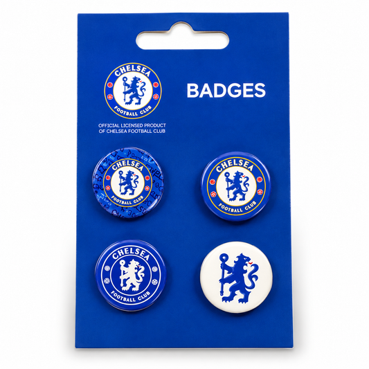 Chelsea FC four pack button badges on official blue backing card