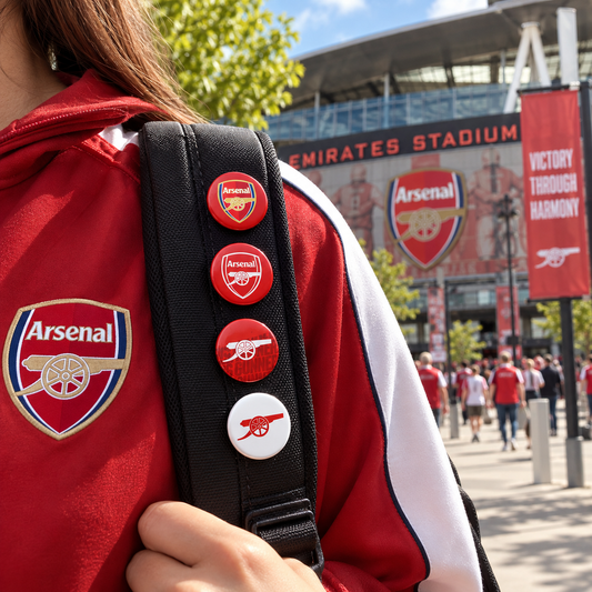 A close-up lifestyle shot of a person wearing a red and white Arsenal tracksuit jacket and carrying a black shoulder strap adorned with four Arsenal crest pins. The background shows the Emirates Stadium with fans and banners.