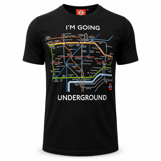 Black t-shirt with a colorful underground map design and text on a white background