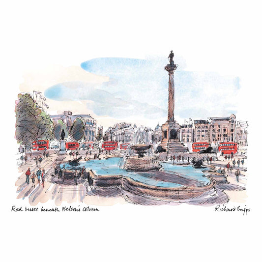 London Life Postcard A6 - Red buses beneath Nelson's Column - London Souvenirs