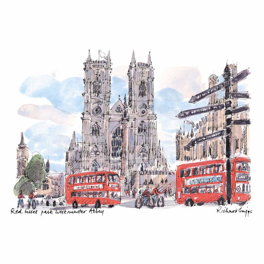 London Life Postcard A6 - Red buses past Westminster Abbey - London Souvenirs