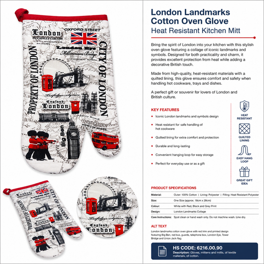 London landmarks cotton glove with red trim and london landmarks printed design. Big Ben, London Red Bus, Tower Bridge, Royal Guards, London Eye, Union Jack, Telephone Box, Post Box, Westminster Abbey