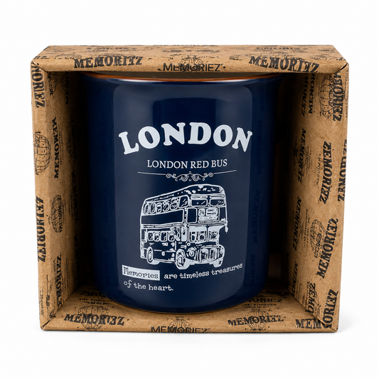 Navy blue mug with 'London' and bus design in a decorative box