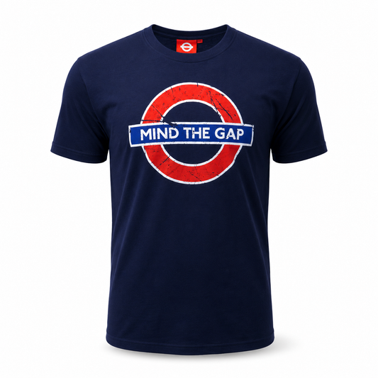 Navy blue t-shirt with 'Mind the Gap' design on a white background