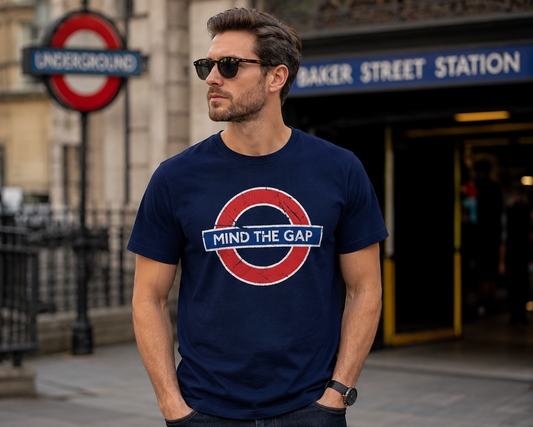 Man wearing a navy blue t-shirt with a 'Mind the Gap' design in front of Baker Street Station.