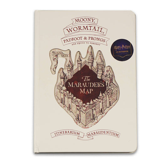 Cream Marauder’s Map A5 notebook with burgundy lettering and a castle-shaped die-cut reveal.