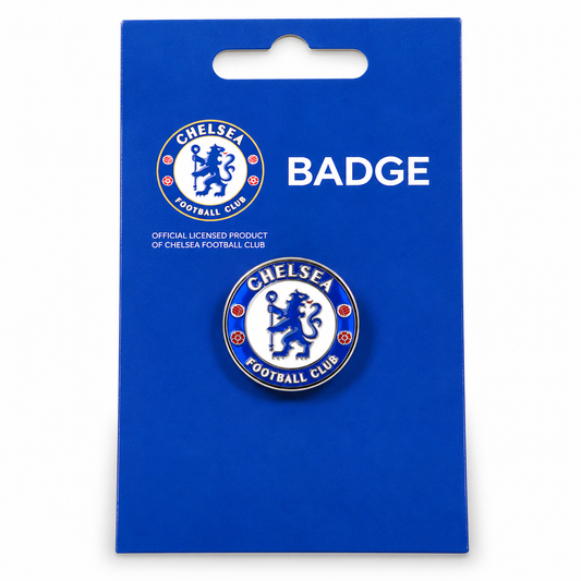 A Chelsea Football Club badge on its original blue backing card, featuring the club's lion crest and the text 'BADGE' and 'OFFICIAL LICENSED PRODUCT OF CHELSEA FOOTBALL CLUB'.