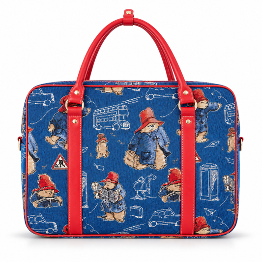 Paddington Bear in Blue tapestry cabin bag with red handles