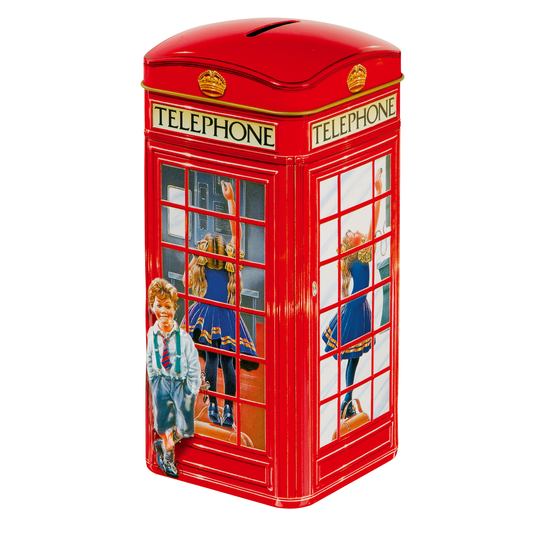Red telephone box-shaped piggy bank with a design of a boy and girl in a phone booth with English Toffee inside