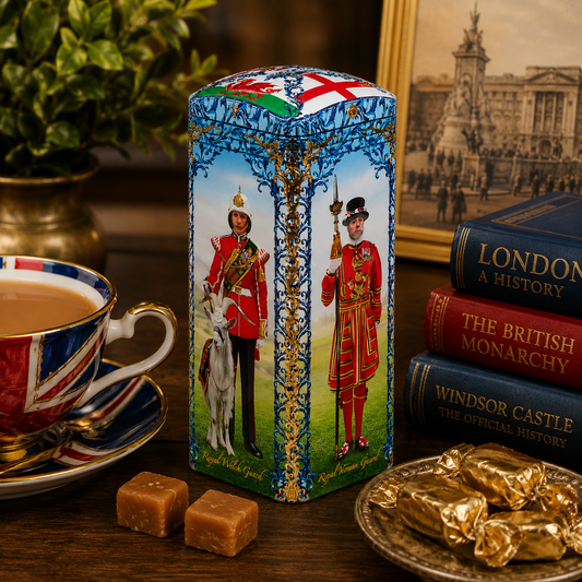 Tea canister with British soldiers design on a table with tea and books
