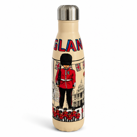 Water bottle with British guard and Union Jack design on a beige background