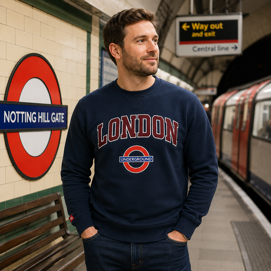 AI-generated London Underground station lifestyle image of navy London roundel sweatshirt