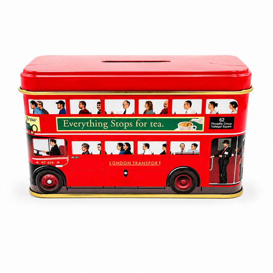 Red double-decker bus-shaped tea tin with images of people and 'Everything Stops for Tea' text on a white background.
