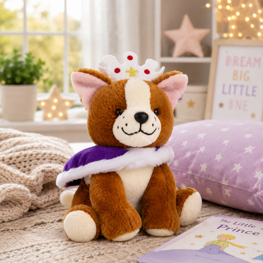 Royal corgi crown and cape soft toy SL0315 indoor lifestyle image