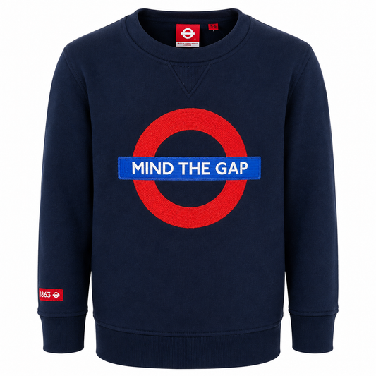 Kids navy Mind the Gap London Underground sweatshirt on white background