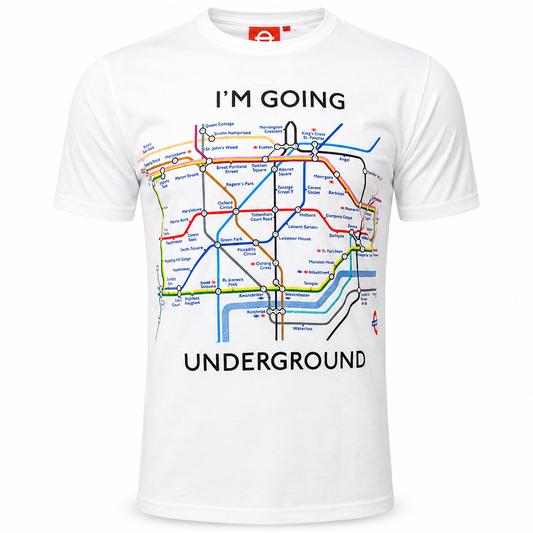 White t-shirt with a London Underground map design and text on a white background