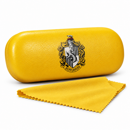 Official Harry Potter Hufflepuff yellow hard-cover glasses case with microfibre cloth on white