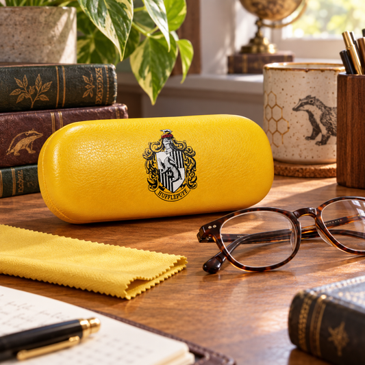 Yellow Hufflepuff hard-cover glasses case with cloth and glasses on a warm study desk