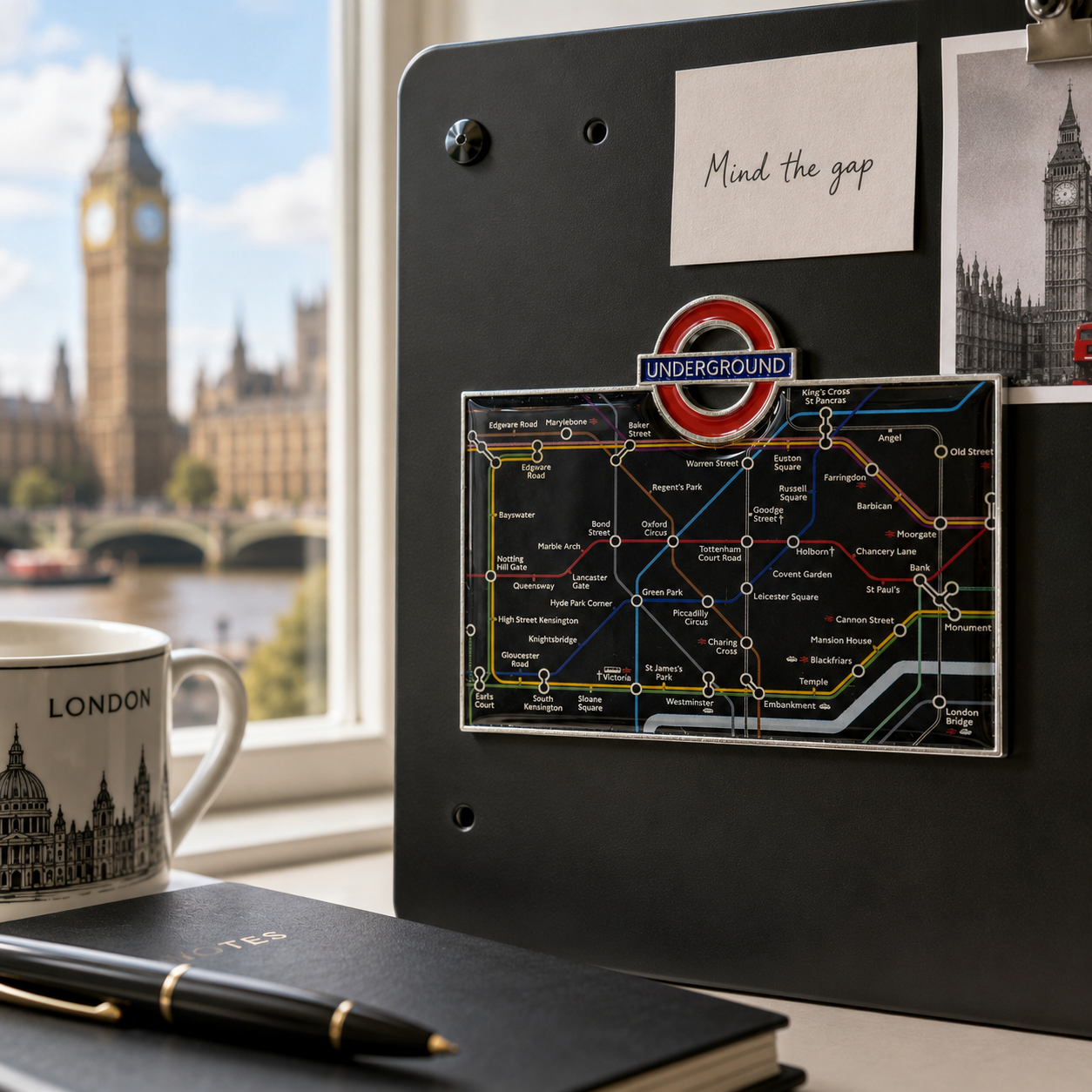 Rectangular London Underground train magnet displayed with London souvenirs