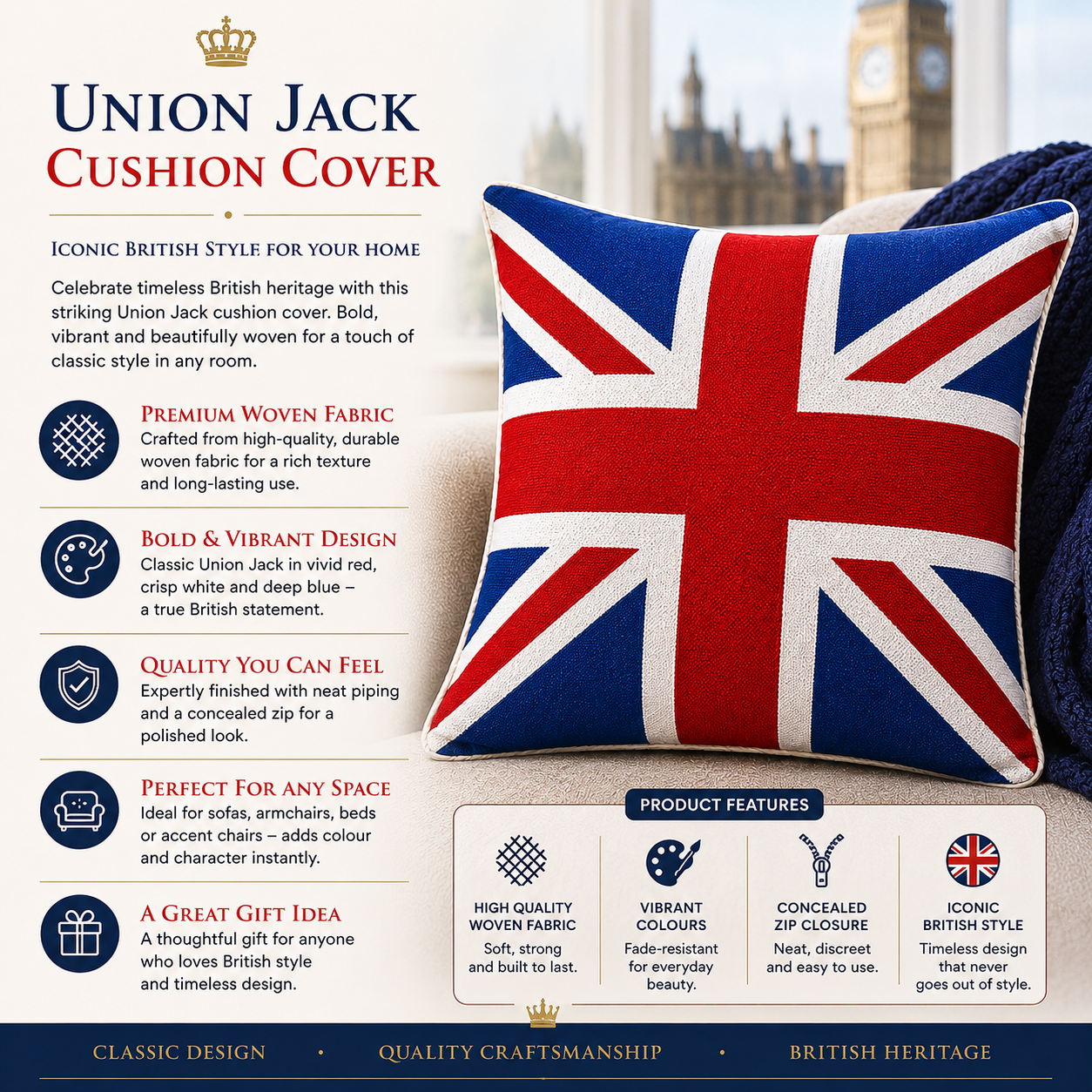 Union Jack Woven Tapestry Cushion Cover 45cm