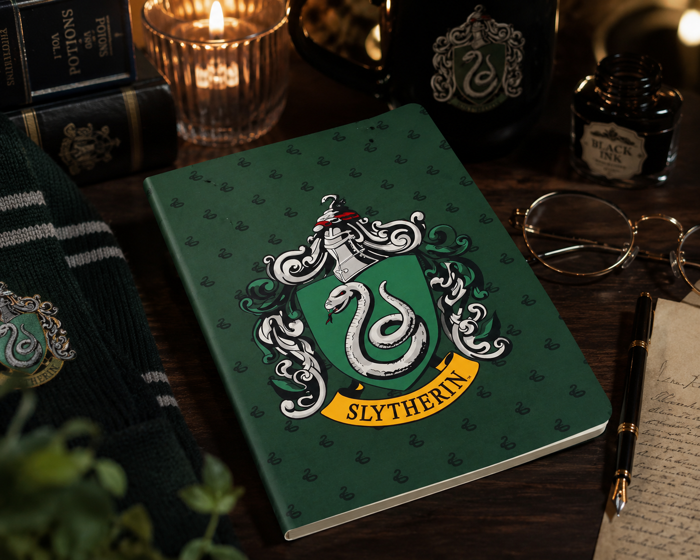 Slytherin A5 Softcover Notebook – Green Serpent Crest Journal for School, Work & Daily Notes