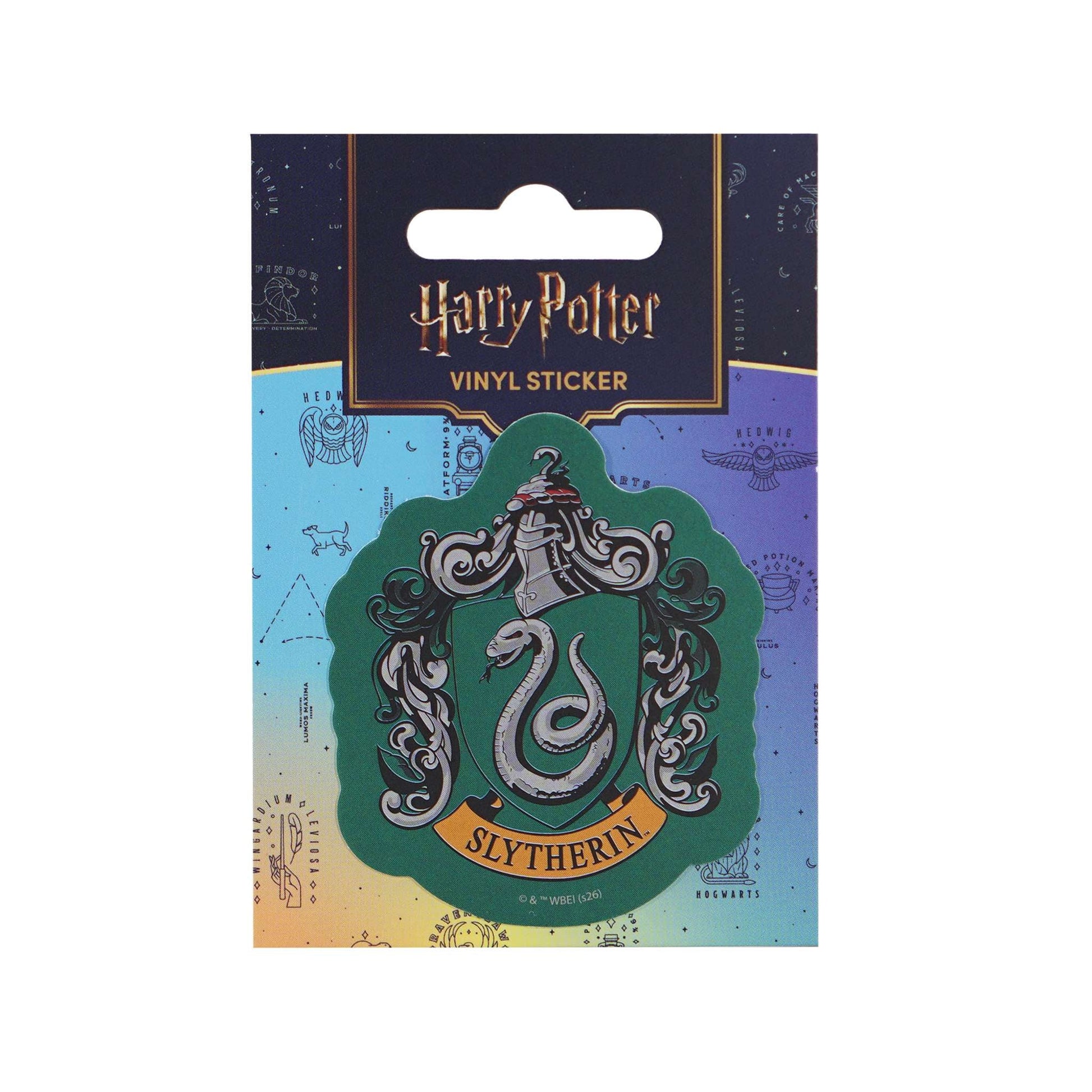 Slytherin vinyl sticker packaging with Harry Potter branding on a white background