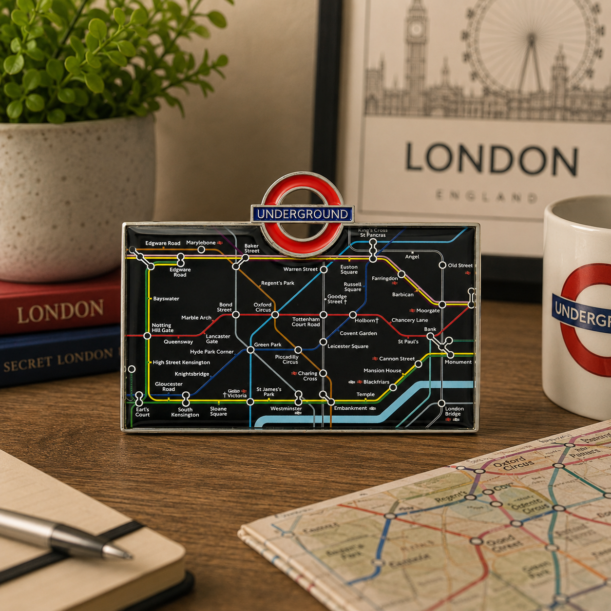 Close-up of the detailed Tube train and Underground roundel magnet