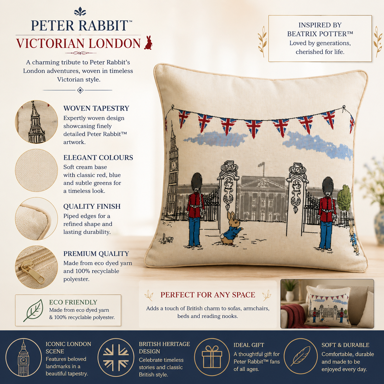 *Beatrix Potter™ Peter Rabbit Victorian London Tapestry Cushion Cover 45cm