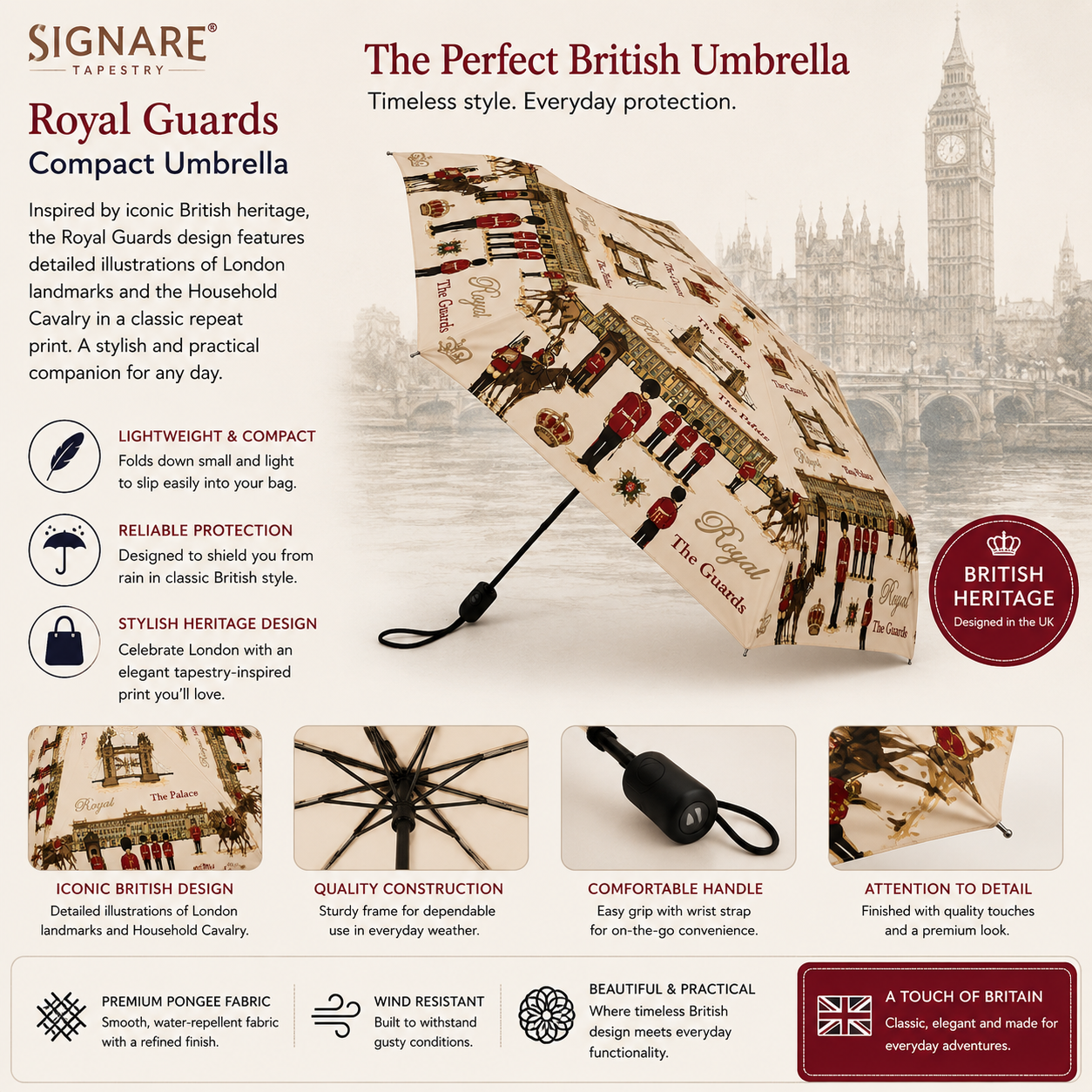 Royal Guard Automatic Folding Umbrella – UPF 50+ British London Design