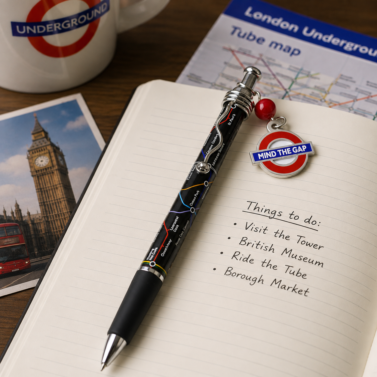 London Underground Map Pen with Mind the Gap Charm – Black