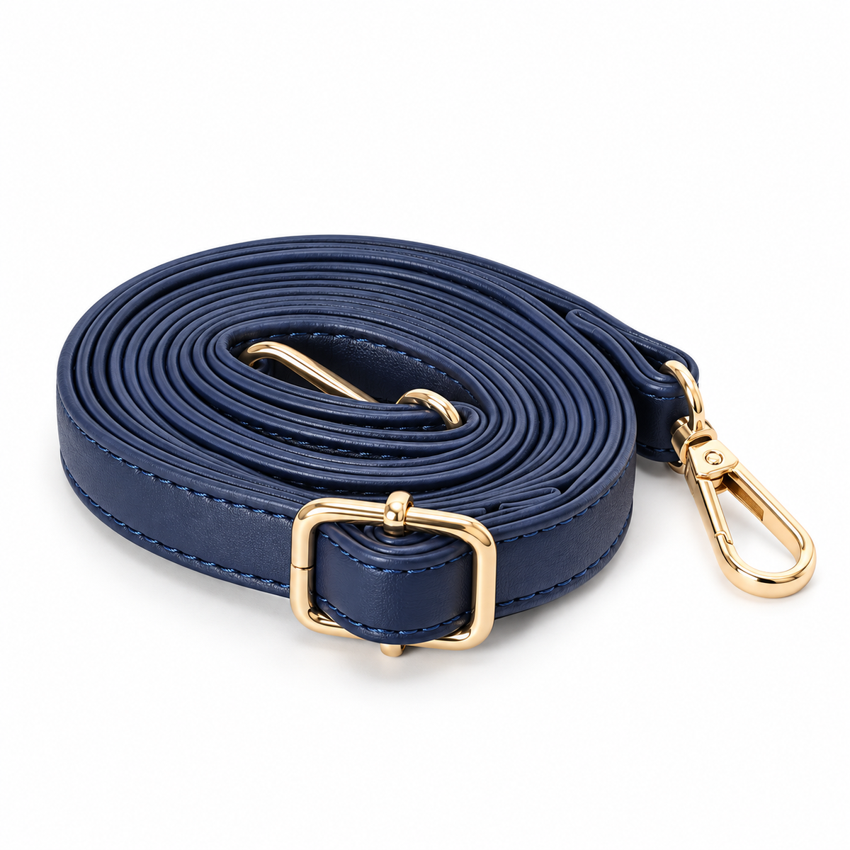 Adjustable navy crossbody strap with gold-tone hardware