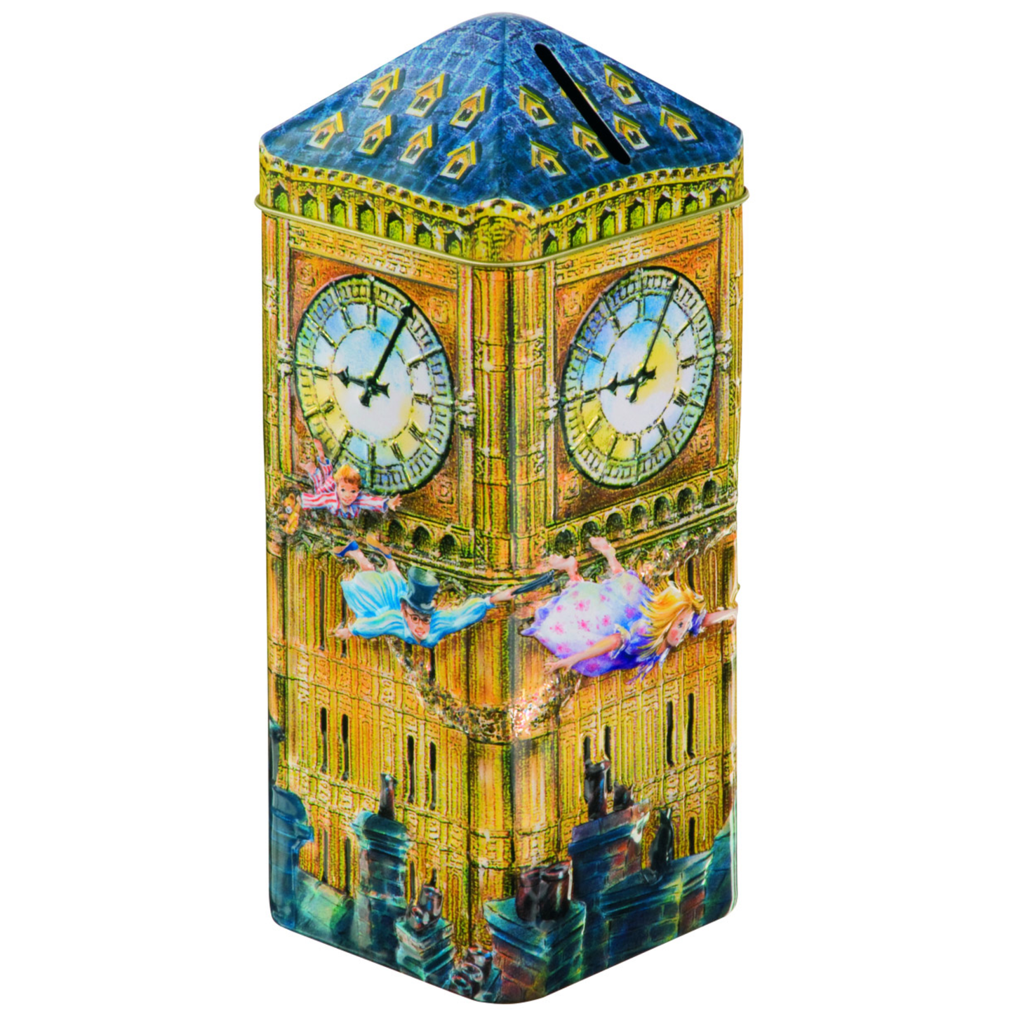 Decorative piggy bank with a Big Ben clock tower design on a white background