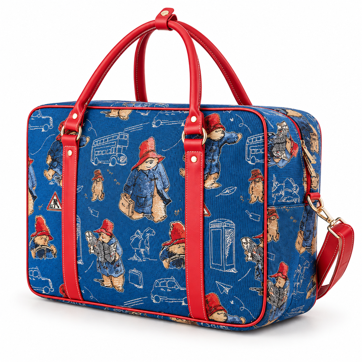 Blue Paddington Bear cabin travel bag with red vegan PU trim