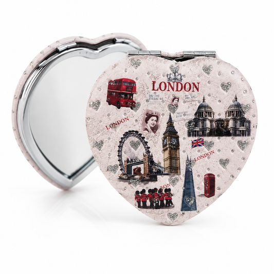 London Landmarks Heart Pocket Mirror (Pink) – Glitter Compact Makeup Mirror Souvenir Gift