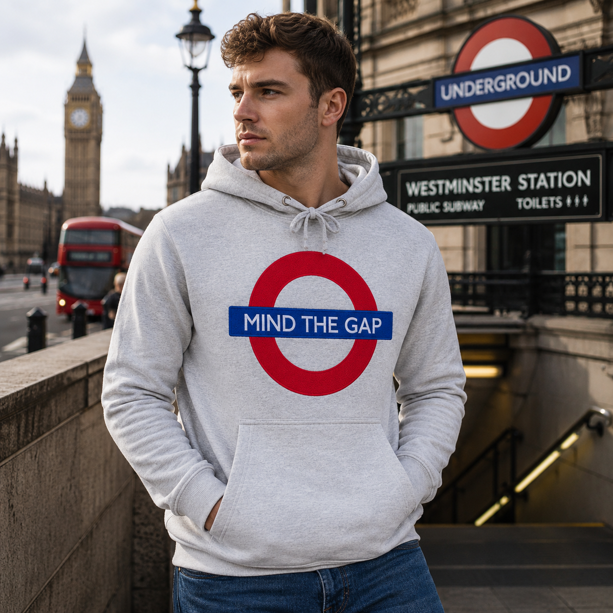 Person wearing a hoodie with a 'Mind the Gap' design in front of Westminster Station.
