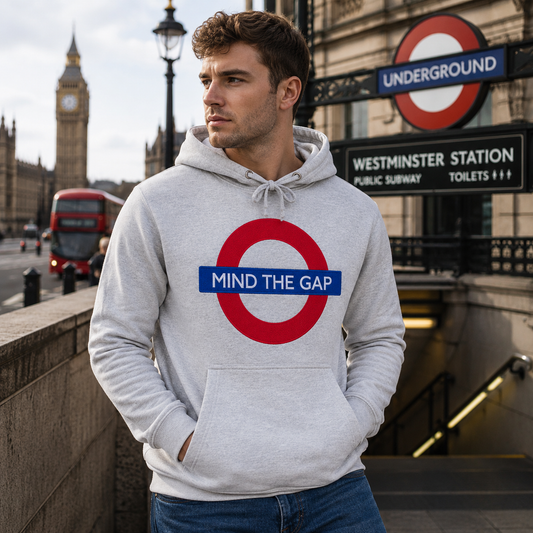Person wearing a hoodie with a 'Mind the Gap' design in front of Westminster Station.