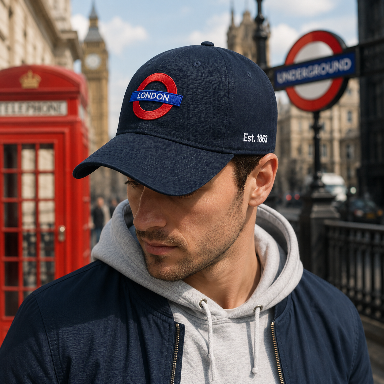 Man wearing a navy cap with 'London' branding in front of a red telephone box and London Underground sign.